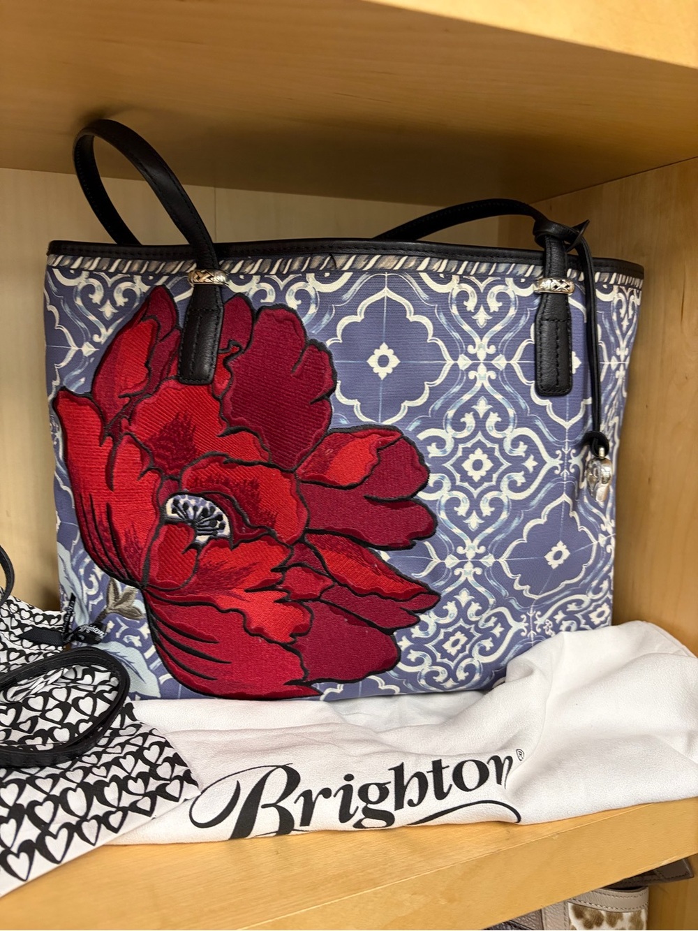 NWT RARE Brighton Barbados Poppy Applique Blue Canvas Shoulder Tote Bag MINT
